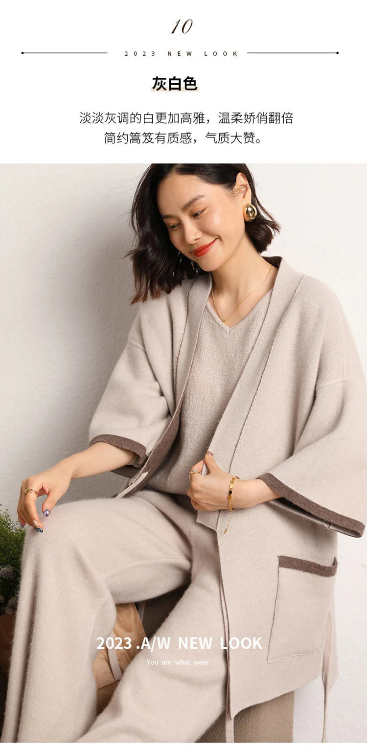 Women's 100% Cashmere Wide Leg Pants Knitted Thick Autumn/Winter Casual Solid Color Elastic Waistband Pockets