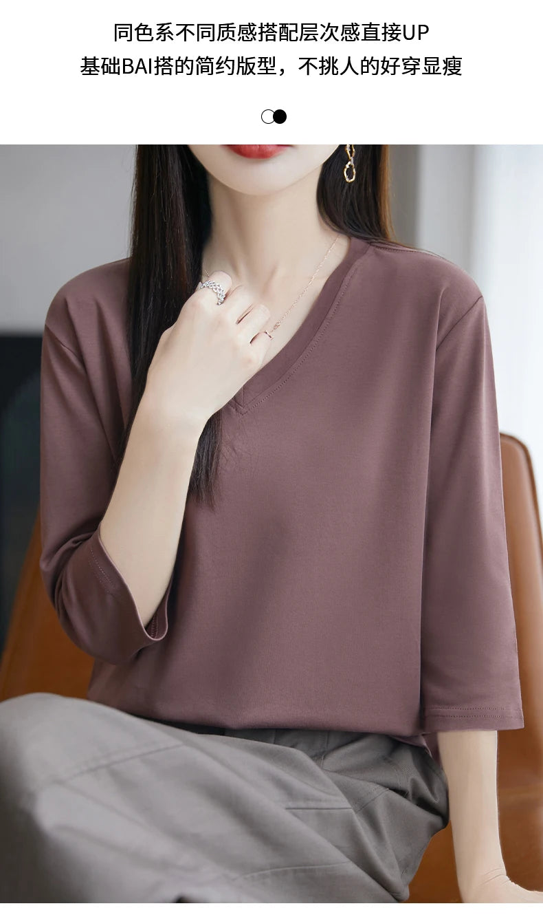 Spring And Summer New White Mercerized Cotton Cropped Sleeve T-shirt Feminine Joker 100% Cotton Bottoming Shirt Half Sleeve