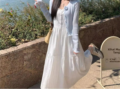 Slimming White Strapless Long Dress Simple French Style A-Line Midi Dress Women's Summer Fashion Sensation Waist-Cinching Dress