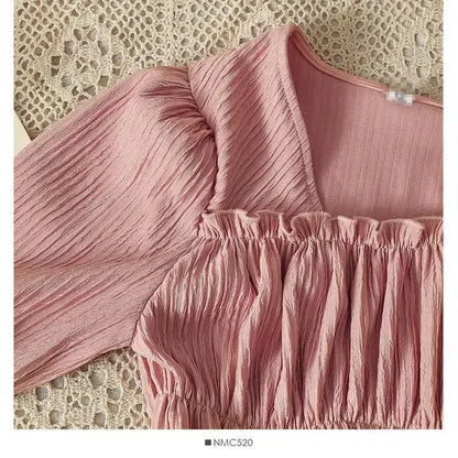 Summer 2025 New Folded Square Collar Bubble Sleeve Shirt High Waist Loose Casual Wide Leg Pants Two Piece Set Women's Fashion