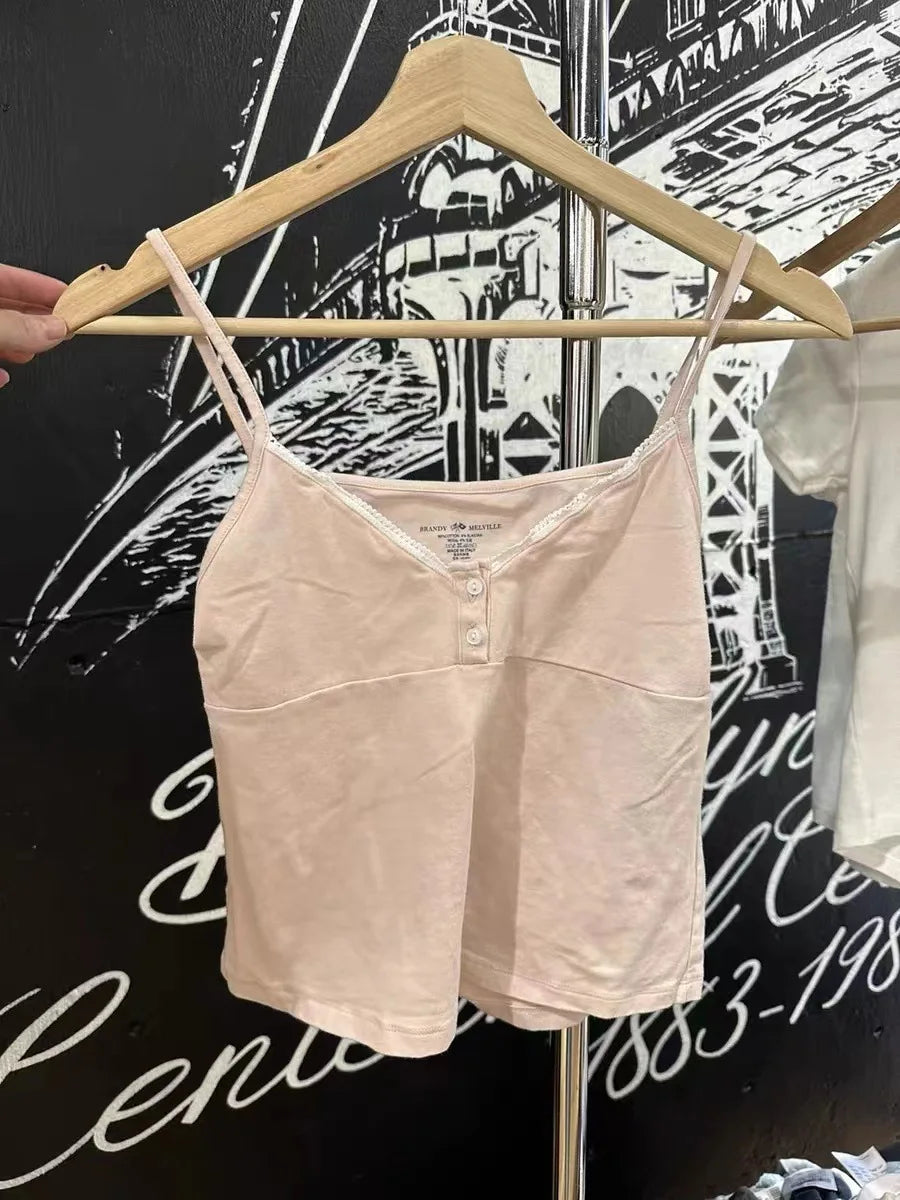 Lace Trim Buttons Solid Tank Top Women U Collar Sleeveless Cotton Slim Camis Sweet Chic Casual Preppy Style Vest Crop Tops Y2k