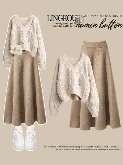plus Size Women's Simple Knitted Sweater And  Skirt Two-Piece Set Korean Style Slimming Meat Covering Fashionable Ensemble