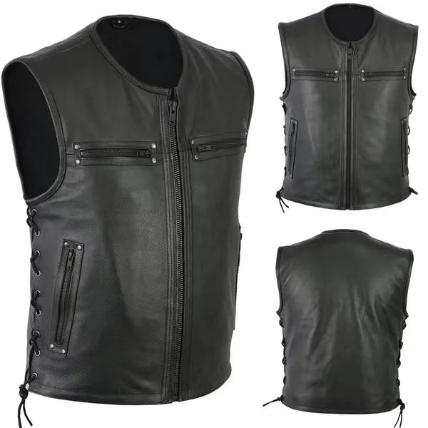New Solid Color Vest Motorcycle Stand Collar Leather Waistcoat Biker Team Punk Style Streetwear Daily Wear Fashion Outerwear Top