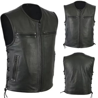 New Solid Color Vest Motorcycle Stand Collar Leather Waistcoat Biker Team Punk Style Streetwear Daily Wear Fashion Outerwear Top