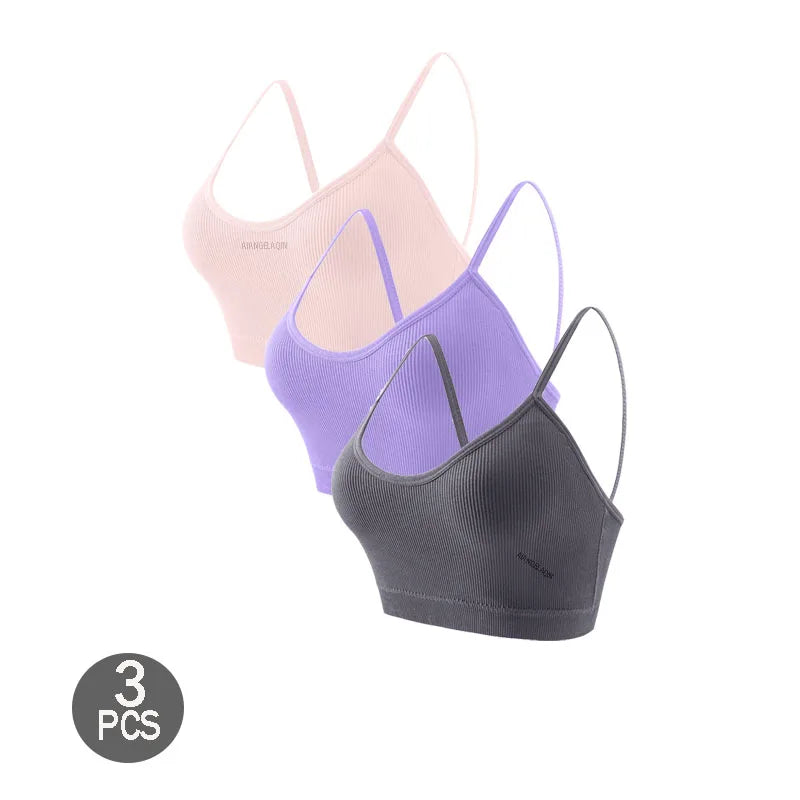 3PCS Women's Ribbed Cotton Bra With Chest Cushion Beautiful Back Sling Tank Top for Yoga Girl's Shock-absorbing Sports Underwear