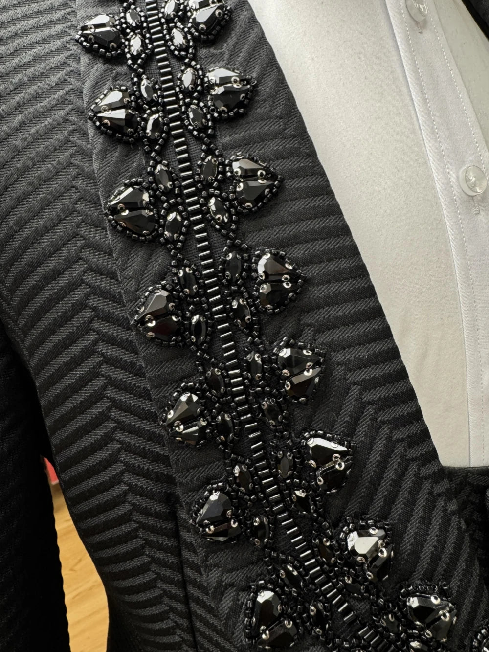 Gorgeous Sparkly Beaded Men's Suit Set 3 Pieces Banquet Party Wear,Black Jacquard Slim Fit Suits For Men Wedding Groom Sets