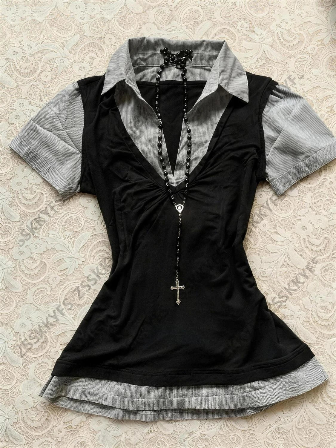 Summer Women's T-shirts And Polos Sexy Gothic Short-sleeved Streetwear 90s Vintage Y2k Clothes False 2-Piece Tee Crop Top Tshirt