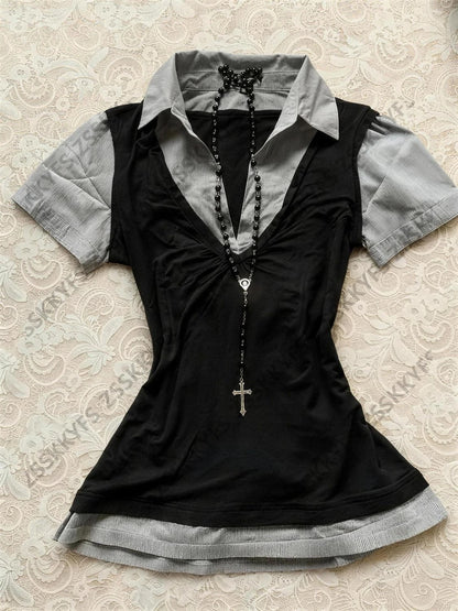 Summer Women's T-shirts And Polos Sexy Gothic Short-sleeved Streetwear 90s Vintage Y2k Clothes False 2-Piece Tee Crop Top Tshirt
