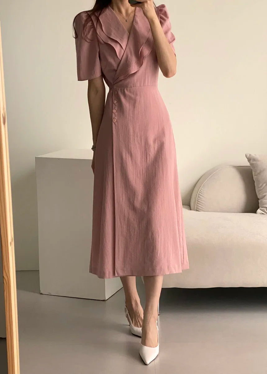 Retro Double Layered Collar Bubble Sleeve  Dress Elegant Short Sleeve V Neck Summer Casual Women's Dress