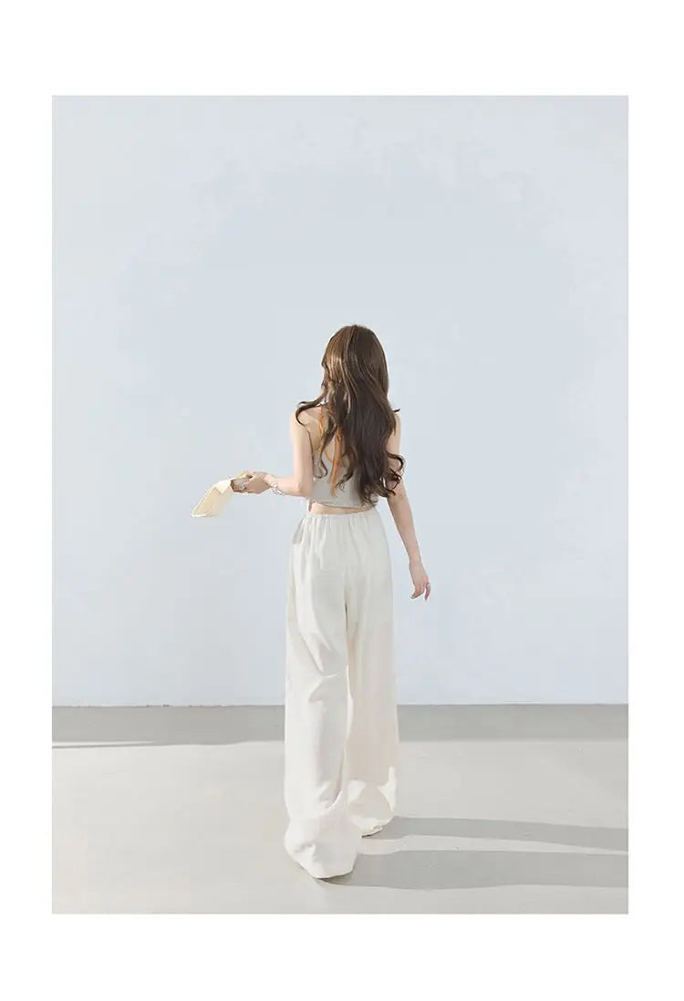 Loose wide-leg pants, classic style, drapey floor-length with drawstring, versatile thin linen straight casual pants for women