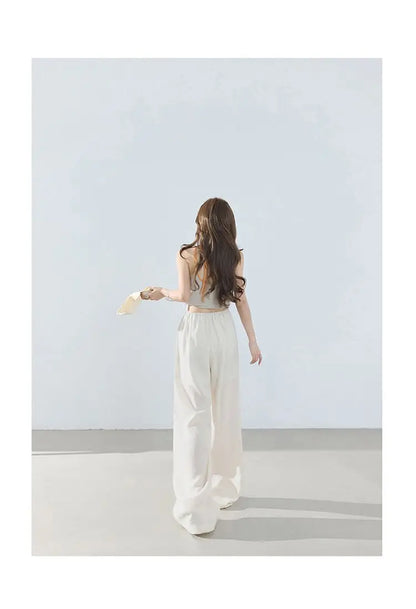 Loose wide-leg pants, classic style, drapey floor-length with drawstring, versatile thin linen straight casual pants for women