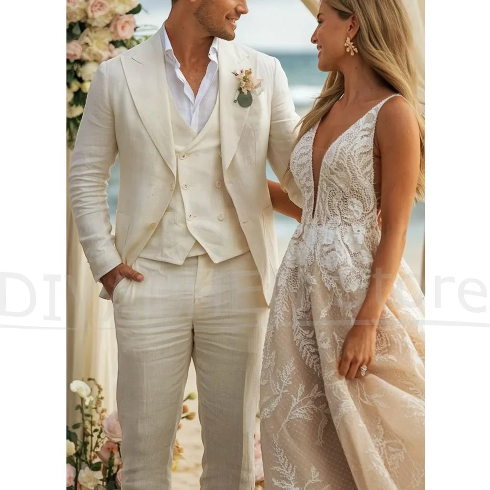 Fashion Linen Men Suits Peak Lapel Single Breasted Smart Casual Wear Chic Groom Wedding Party Tuxedos Customized Male Suit