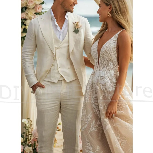 Fashion Linen Men Suits Peak Lapel Single Breasted Smart Casual Wear Chic Groom Wedding Party Tuxedos Customized Male Suit