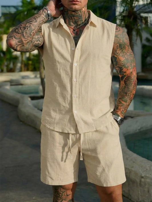 New Men's Sexy and Fashionable European and American Men's Cotton and Linen Style Casual Cardigan Vest Set Combination