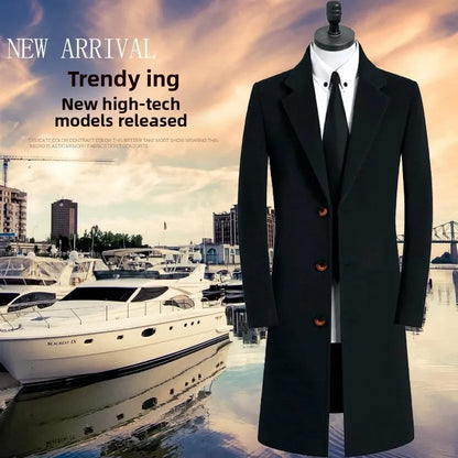 Winter New Men's Mid-Length Woolen Coat Double-Faced Cashmere Warm Business Style Korean Version Travel Suitable Single-Button