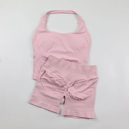 Women's Halter Neck Backless Yoga Set Seamless 2-Piece Outfit Ribbed High-Waist Scrunch Shorts Butt Lifting Gym Pilates Fitness