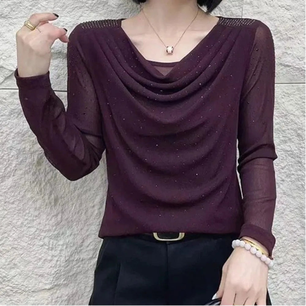 Ladies Fashion Slim Simplicity Elegant Trend Sexy Temperament Solid Color Long Sleeve Net Yarn Pullover Summer New Style Tops