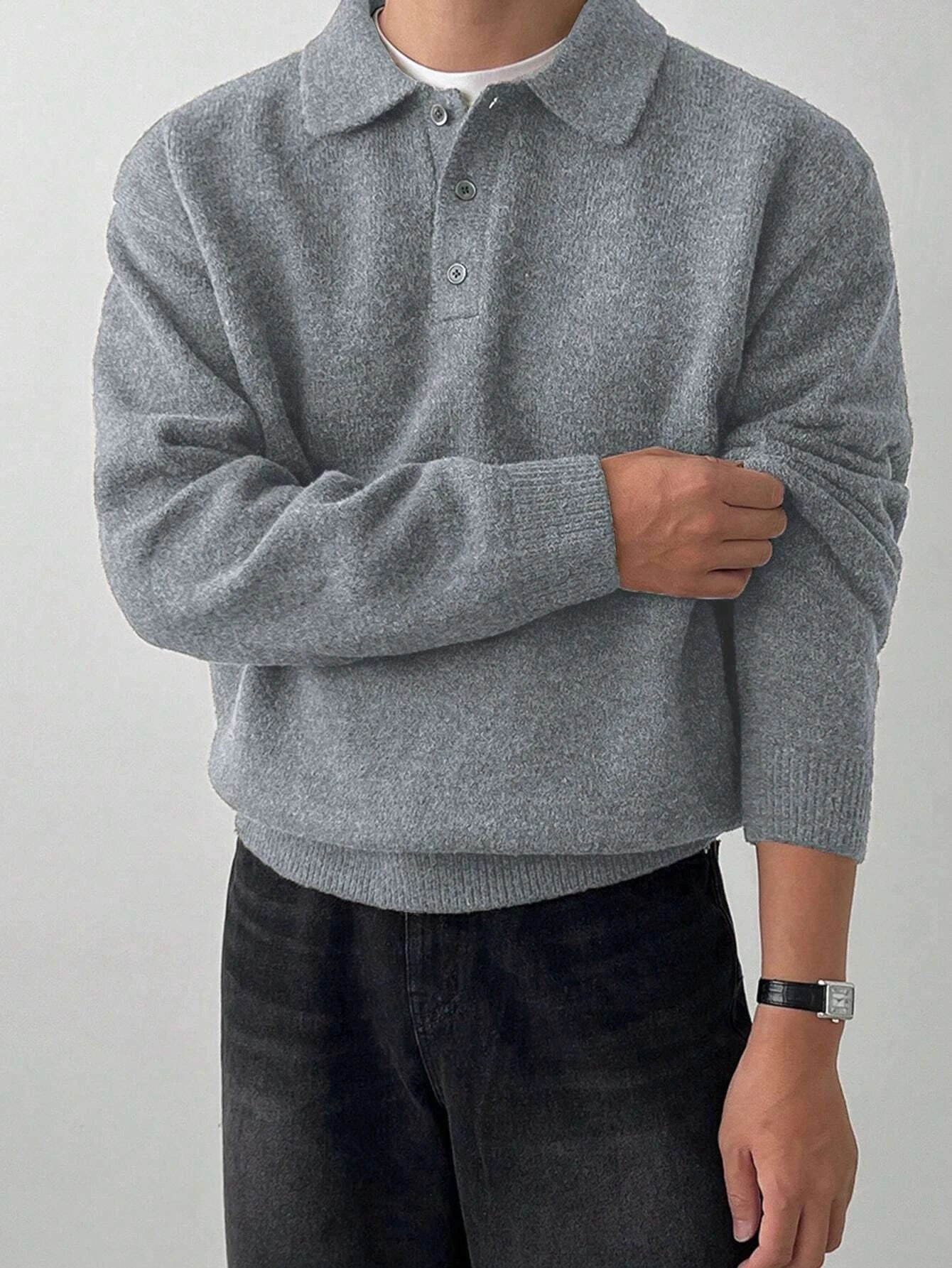 LVLAEA Old Money Style Men's Pullover, Solid Color Long Sleeve Lapel Button-Up, Fall Winter Loose Warm Casual Loungewear