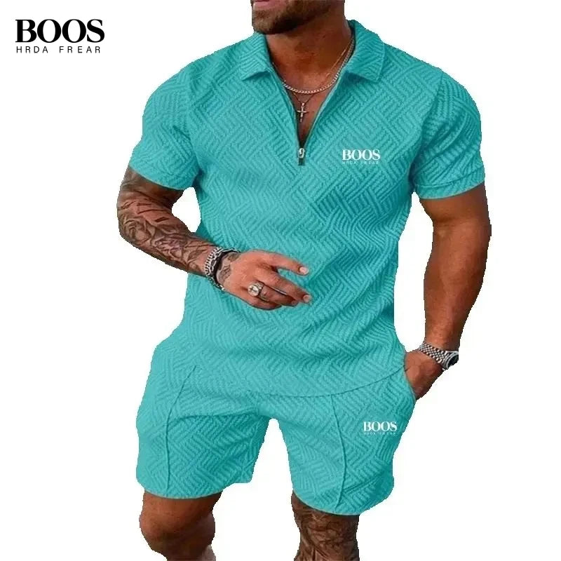 Summer Men's High-Quality Half Zipper Polo Shirt+Casual Shorts Set, Outdoor Sports and Leisure Beach Two-Piece Set