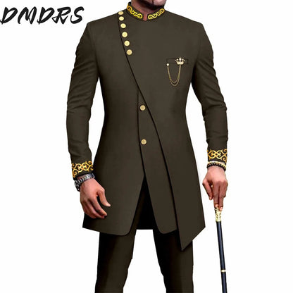 Elegant African National Printing Batik Men's Casual 2PCS Suit For Wedding Dinner Event Suit terno masculinos complete costume