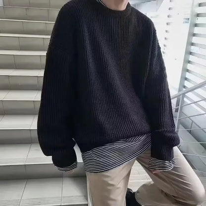 Autumn and winter loose shoulder sweater for young men Japanese retro pineapple needle jacquard lazy round neck knit sweater