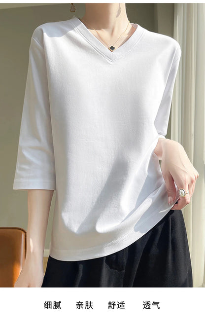 Spring And Summer New White Mercerized Cotton Cropped Sleeve T-shirt Feminine Joker 100% Cotton Bottoming Shirt Half Sleeve