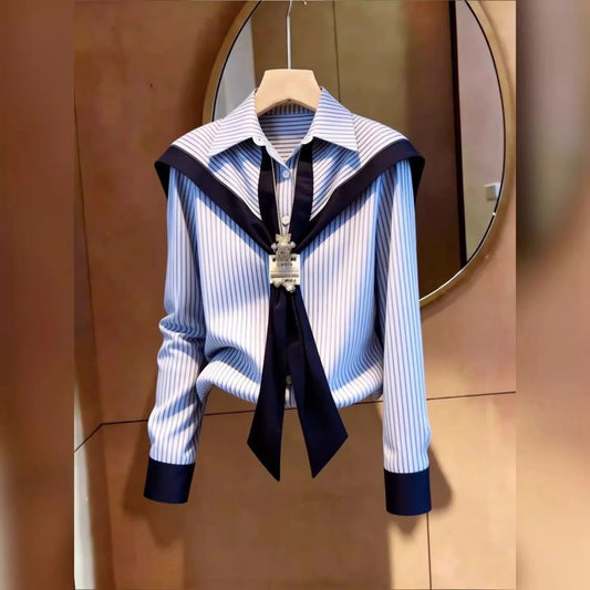 Design Stripe  Collar Shirt Women Spring Autumn White Enhancing Blue Large Size Stand Collar Slimming Top Polyester Long ...