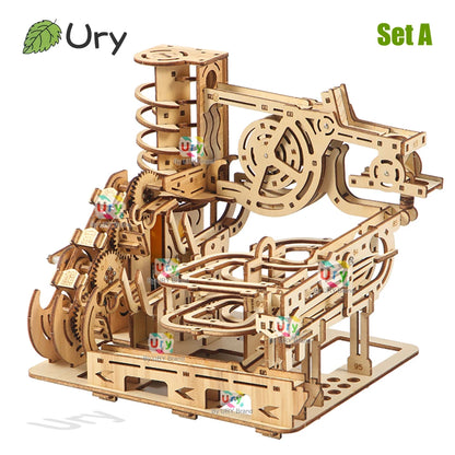 Ury 3D Wooden Puzzles Marble Electric Catapult Track Device Set Mechanical Model Science Maze 7 Balls Assembly Toy for Kids Gift