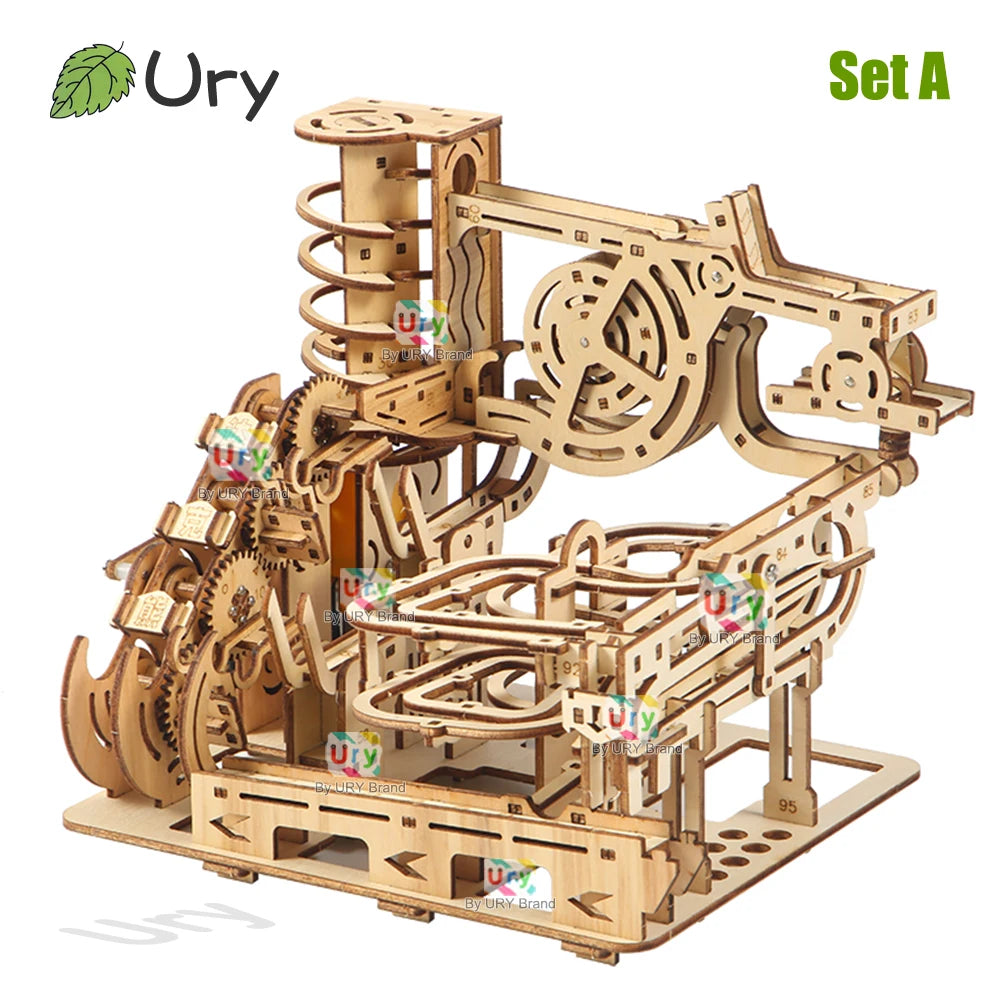 Ury 3D Wooden Puzzles Electric Catapult Track Device Marble Run Set Mechanical Model Science Maze 7 Balls Assembly Gift