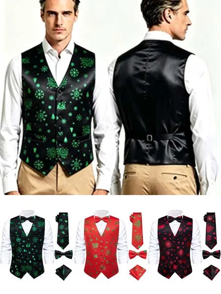 Men's Christmas Print Vest 4-Piece Set: Vest, Tie, Bow Tie & Pocket Square, Black, Red, Green for Holiday Parties