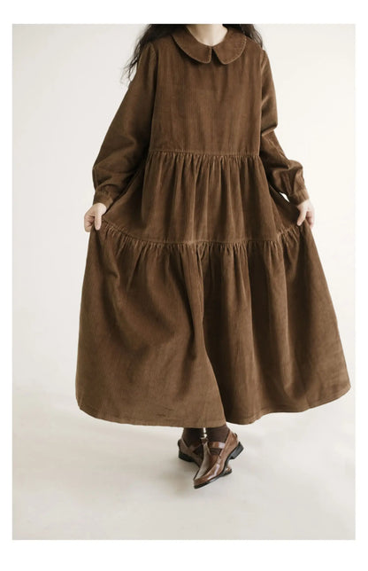Japanese Style Long Sleeve Corduroy A-Line Dress Loose Slimming Simple Design Women's plus Size Dress Daily Wear Long Dress