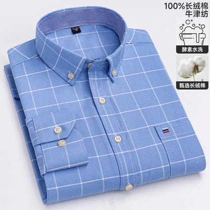 100% cotton men's long-sleeved shirt, casual plaid cotton shirt for young and middle-aged people, large size, authentic shirt
