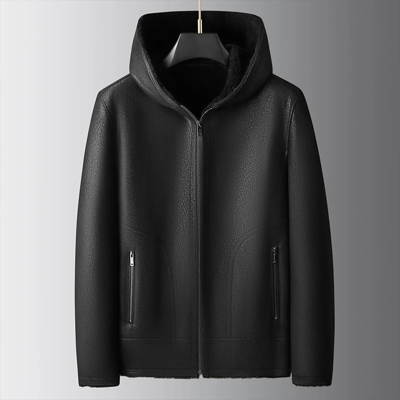 QYLVAWOY 2025 Winter 100% Sheepskin Shearling Men's High-End Real Leather Hooded Fur Coat Outerwear lederjacke herren LJ3637
