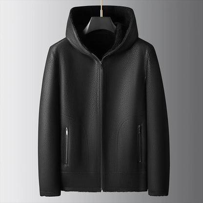QYLVAWOY 2025 Winter 100% Sheepskin Shearling Men's High-End Real Leather Hooded Fur Coat Outerwear lederjacke herren LJ3637