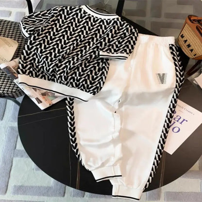 Fashion Suit Women's Summer New Item, High-end Feeling, Age Reducing Short Sleeved Casual Leg Tied Pants Two-piece Set Pant Sets