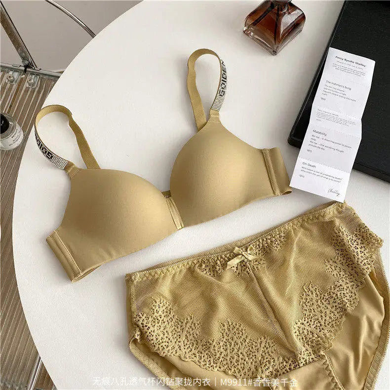 Hot Sale Sexy Letter Rhinestone Strap Bra Set Seamless Thin Summer Light Push Up Anti Sagging Comfortable Women Lingerie Set