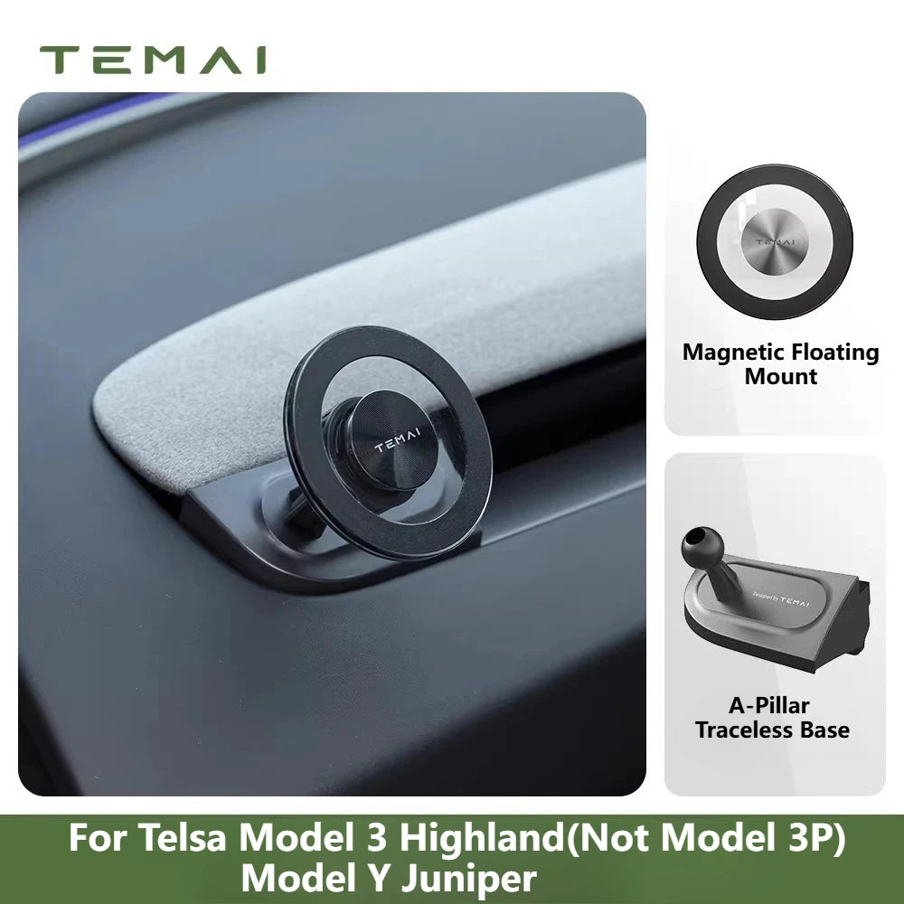 TEMAI A-Pillar Traceless Magnetic Floating Mount for Tesla Model 3 Highland Model Y/YL Juniper, Stylish Phone Mount