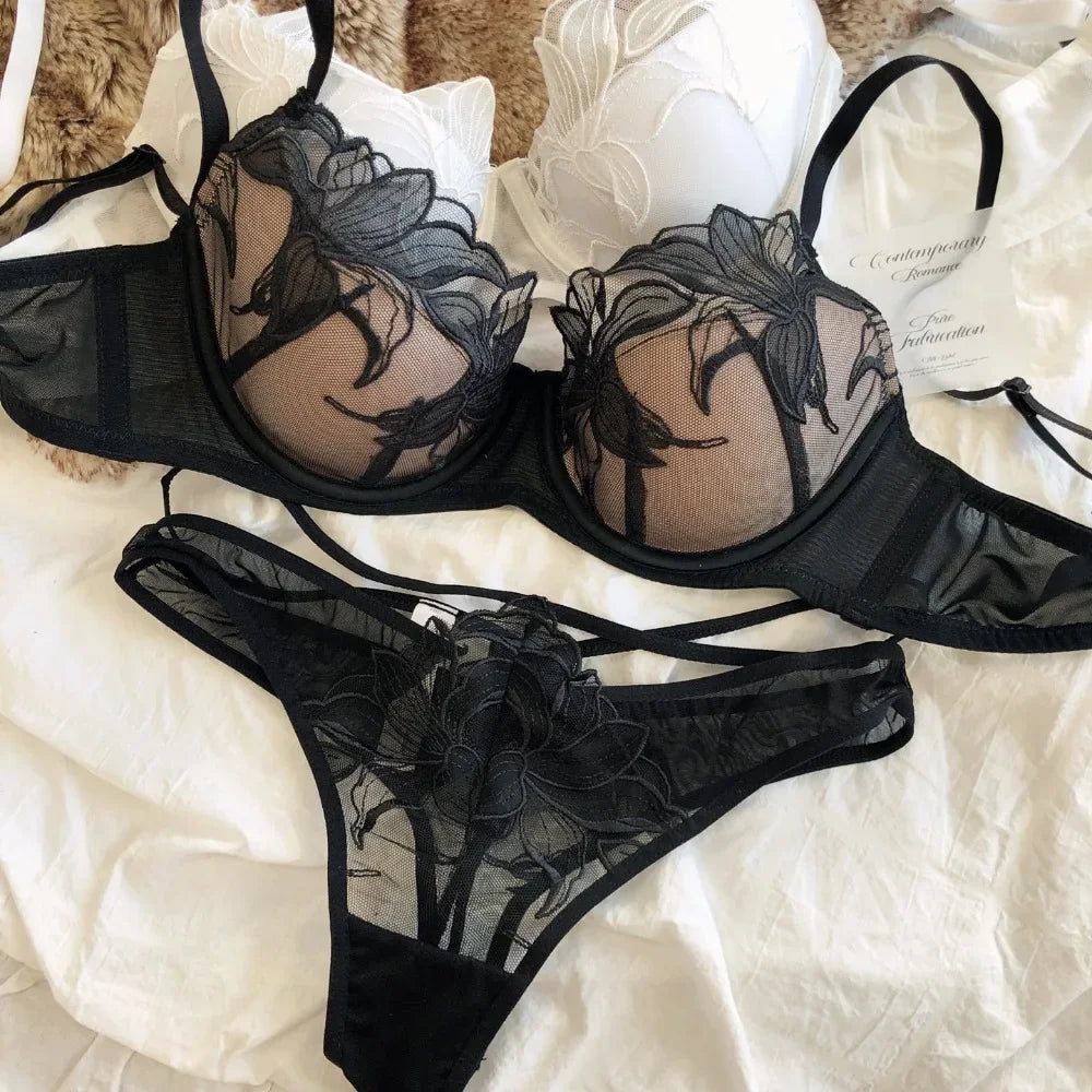 2 Pcs Sexy Lace Flowers Embroidery Underwear Set for Women Thin Cup Push Up Bra French Hollow Waist Bandage Thongs Lingerie Set