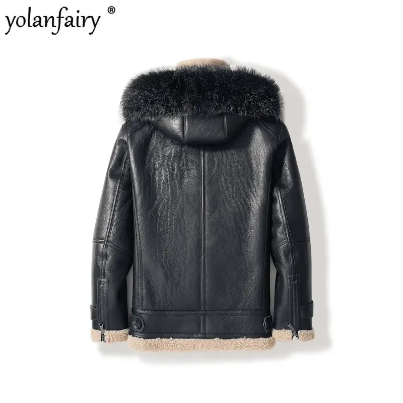YOLANFAIRY Original Natural Sheepskin Leather Fur Coat Men Midium Hooded Genuine Leather Jacket Men Winter Real Jacket FCY4018