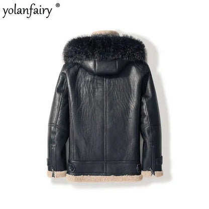 YOLANFAIRY Original Natural Sheepskin Leather Fur Coat Men Midium Hooded Genuine Leather Jacket Men Winter Real Jacket FCY4018