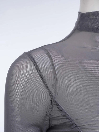 Womens Nightclub Beach Bodysuit Sheer Mesh Side Ruched High Collar Long Sleeve Button Crotch Leotard See Through Cover Up Outfit