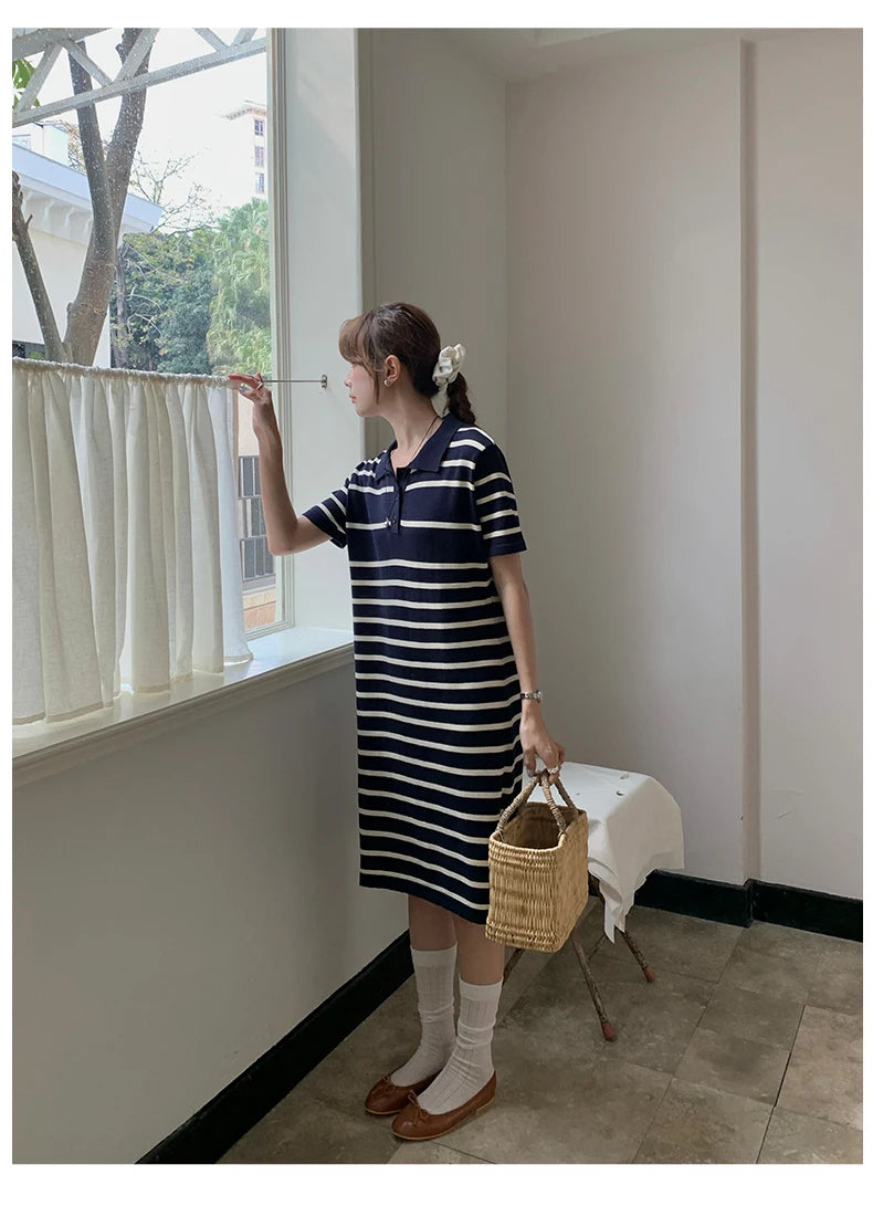 new Korean striped dress for women's summer, pure cotton straight tube mid length skirt
