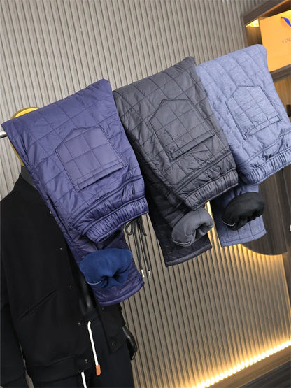 Men's Casual Straight Leg Cotton Pants Fleece Lined Inner Polyester Fashionable Long Trousers Winter Comfortable Cotton Trousers