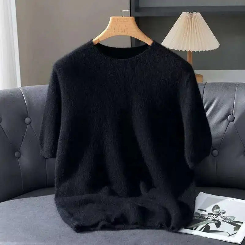 Spring Autumn 100% Mink Cashmere Short Sleeve Men's T-Shirt Loose O-Neck Solid Color Knit Sweater Casual Business Base Pullover