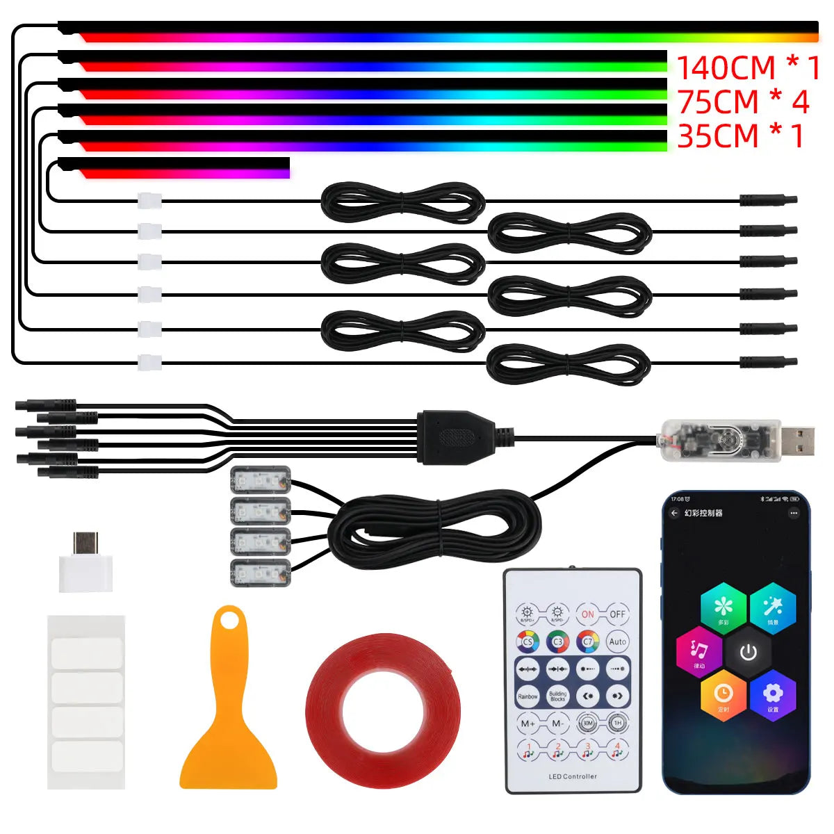 140/55.1inch Car Ambient Lights 1/6/10in1 Universal LED Symphony RGB Atmosphere Lamp USB APP Remote for Tesla Car Accessories