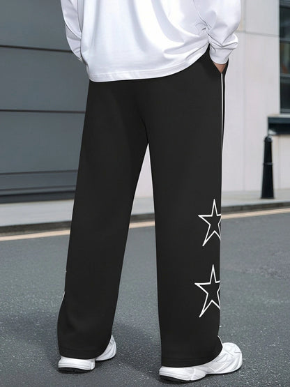 Men's Autumn Trendy Brand Five-Pointed Star Sweatpants, Loose Straight-Leg Casual Pants, Single Piece, with Drawstring Waistband and Contrasting Lines, Suitable for Street Fashion, Sports, Fitness, and Daily Commuting