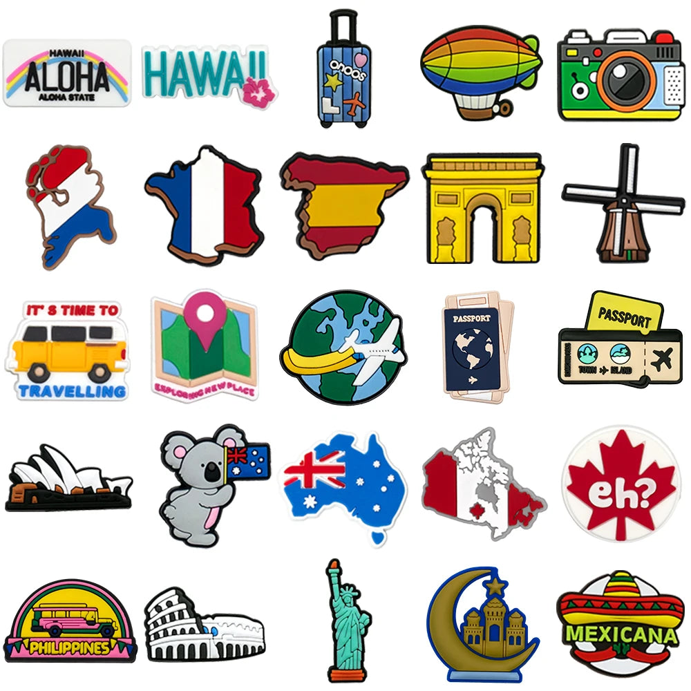1/25PCS World Travel Theme PVC Shoe Charms for Clogs, Eiffel Tower, Passport, Globe DIY Accessories for Teens & Adults