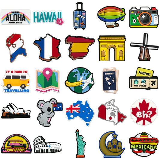 1/25PCS World Travel Theme PVC Shoe Charms for Clogs, Eiffel Tower, Passport, Globe DIY Accessories for Teens & Adults