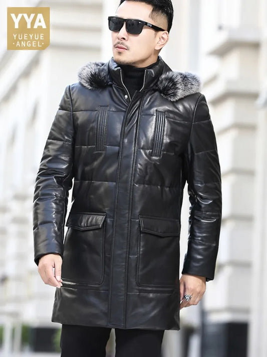 Winter Real Sheepskin Overcoat Men Zipper Thick Warm Hooded Genuine Leather Down Coat  Plus Size 5XL Streetwear Casual Coat Men