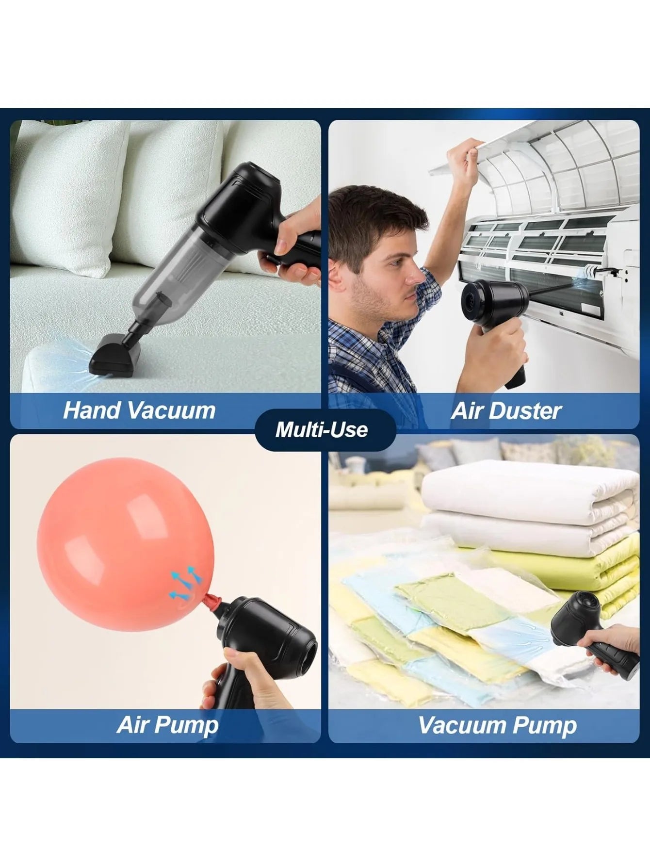 Handheld vacuum cleaner with integrated suction and blowing functions, ideal for cleaning cars, homes, offices, and pet areas.